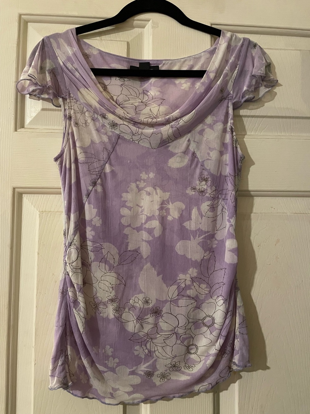 Ideology 100 Silk Floral Cowl Neck Ruched Blouse Medium Purple